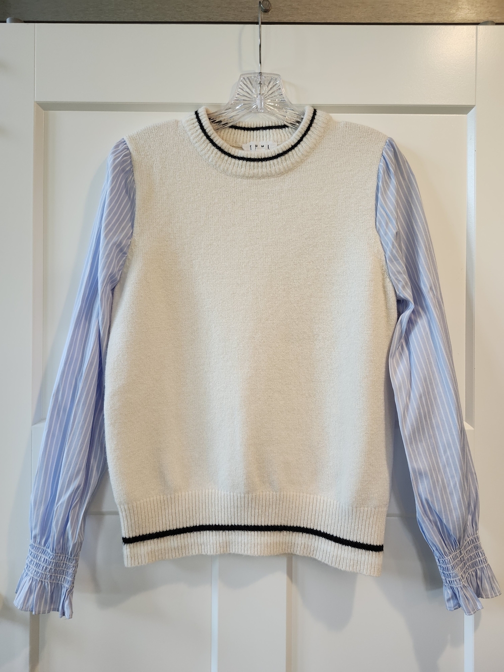 THML Cream Crewneck Sweater with Light Blue Striped Shirt Sleeves